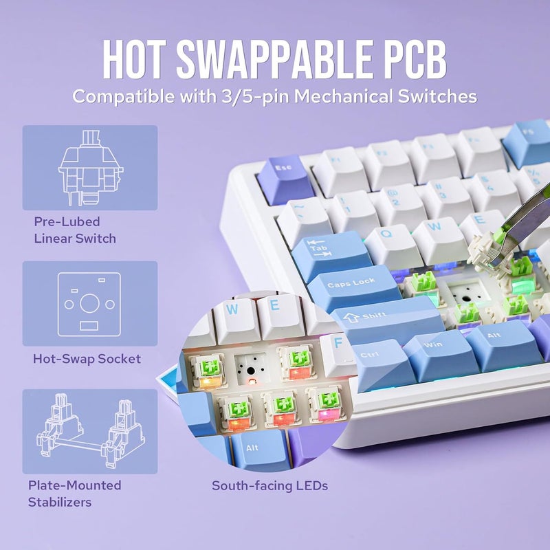 EPOMAKER X Aula F75 MAX Wireless Mechanical Keyboard with TFT Screen and Knob, Gasket Gaming Keyboard in 75% Layout, Hot Swappable, RGB Backlight, for PC/Mac/Linux (Blue&White&Purple) - Image 5